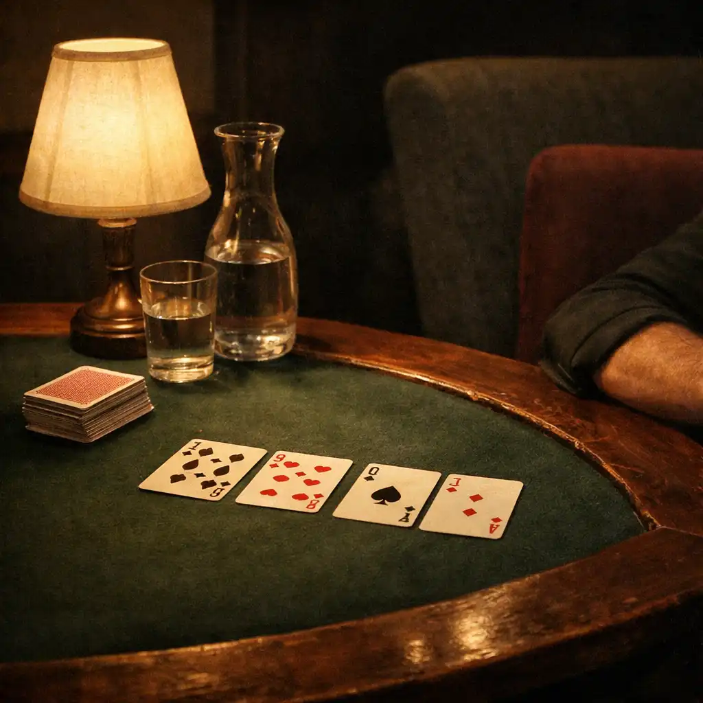 A quiet corner of the card lounge with a side lamp, table edge, resting cards and upholstered chairs.
