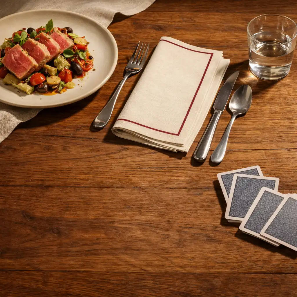 A plated shared dish, folded napkin, glass of water and face-down cards arranged on a warm timber restaurant table.