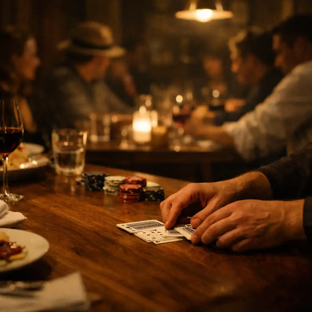 A host arranging cards at a warm timber table during a restaurant card evening