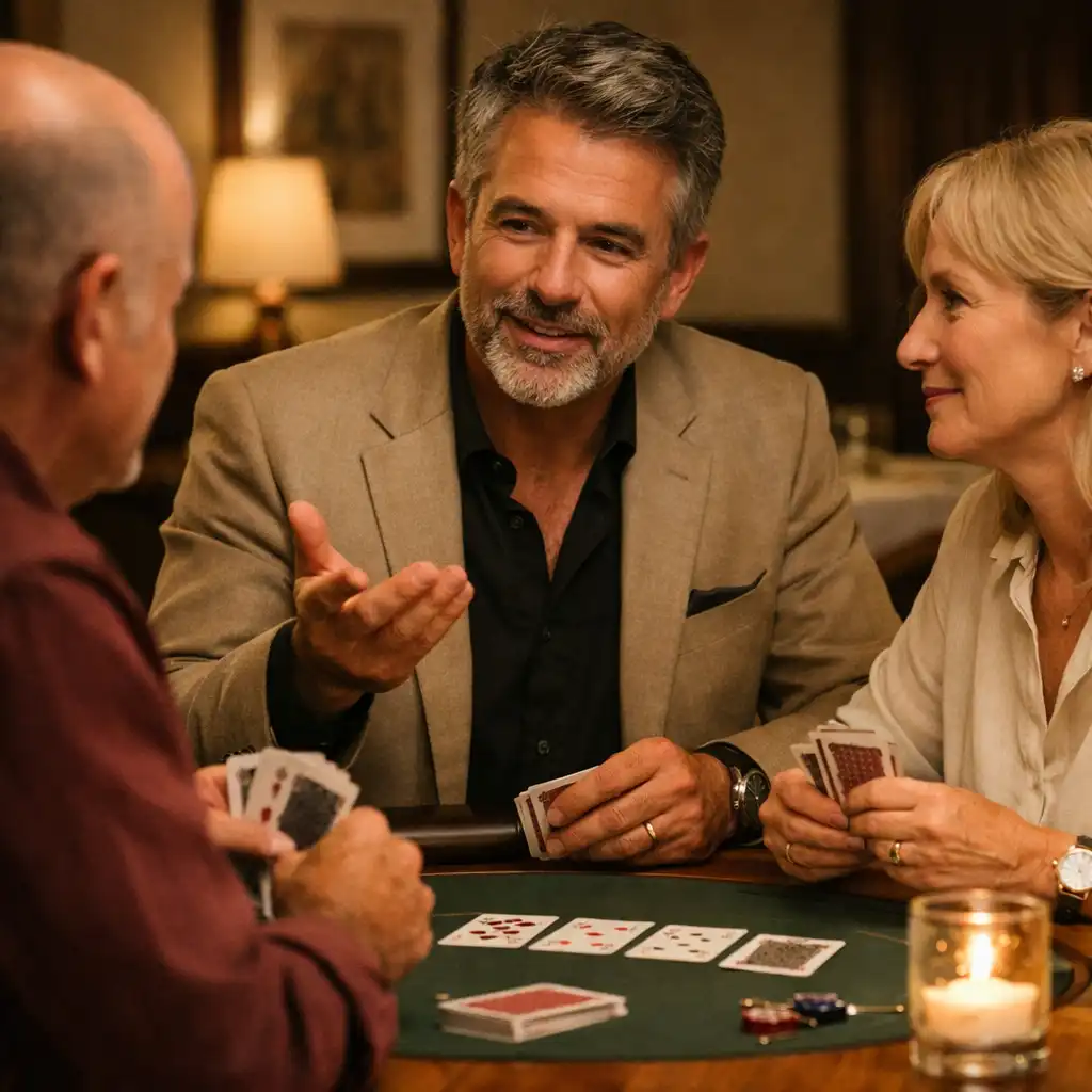 A host leaning toward two guests at an in-person restaurant card table, with cards and a water glass in view.