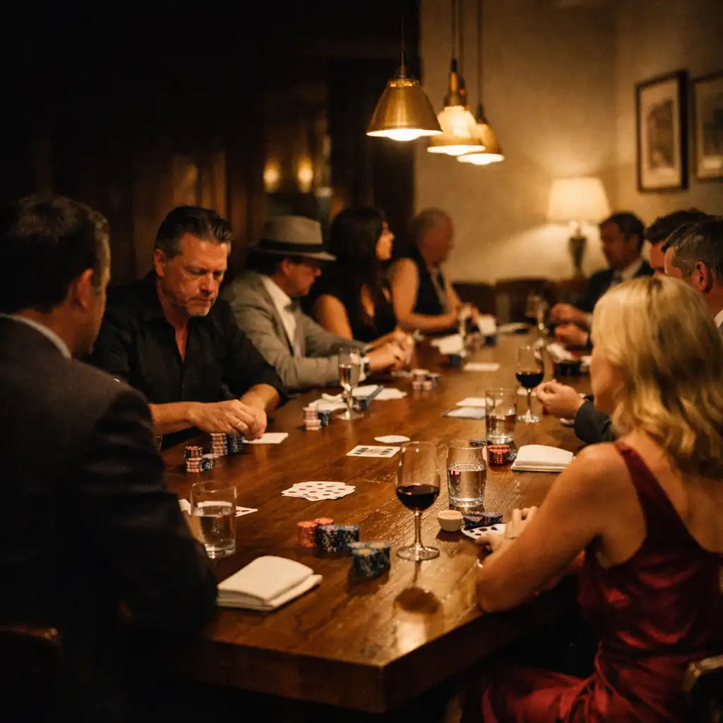 Guests gathered around a long timber poker table in the restaurant card lounge