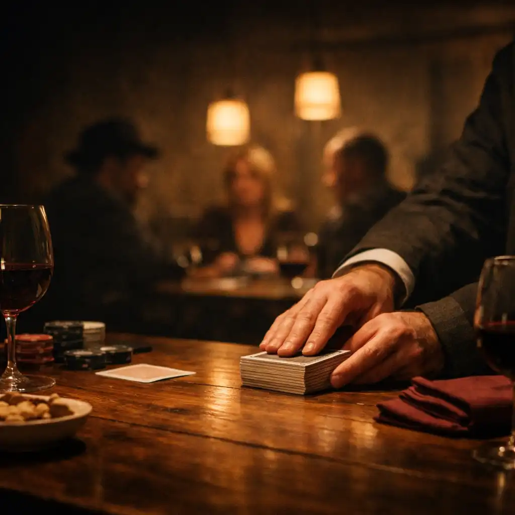 A host’s hands arranging cards beside tableware in Jubilee and Jack’s warmly lit restaurant card lounge.