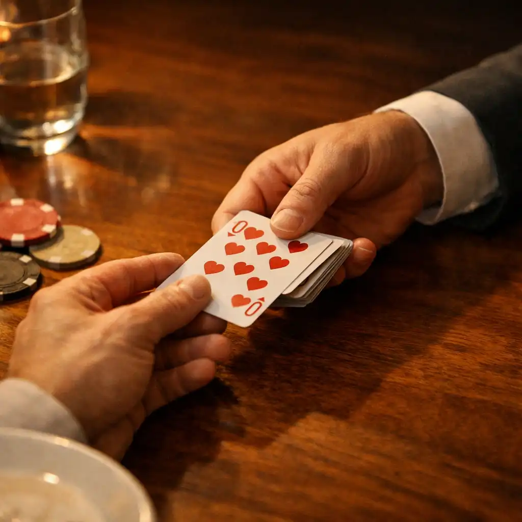 Two guests’ hands dealing playing cards across a polished timber restaurant poker table