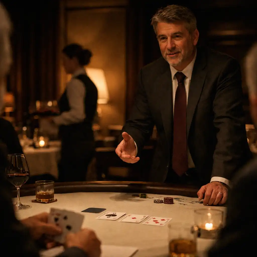 A host addressing a small group beside a restaurant card table in warm evening light.