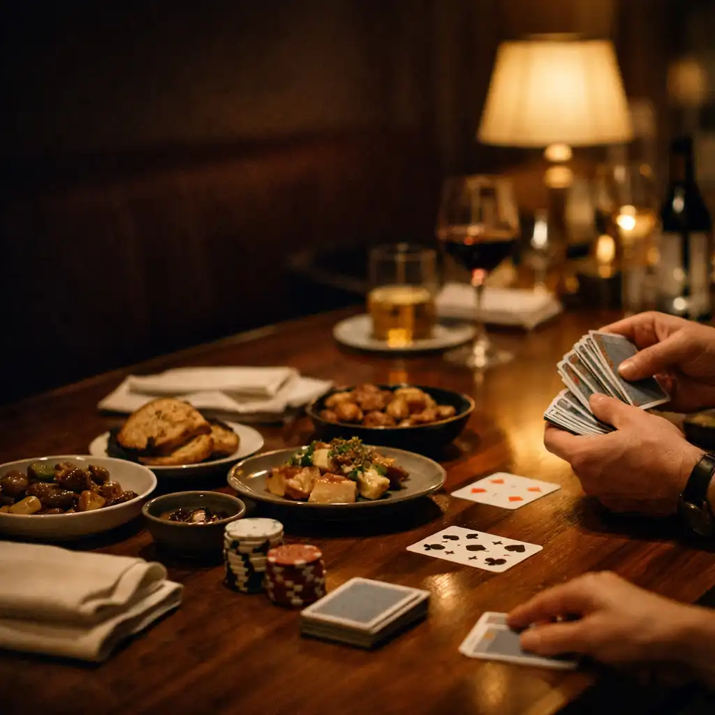 Hands arranging cards beside shared plates on a warmly lit restaurant table.