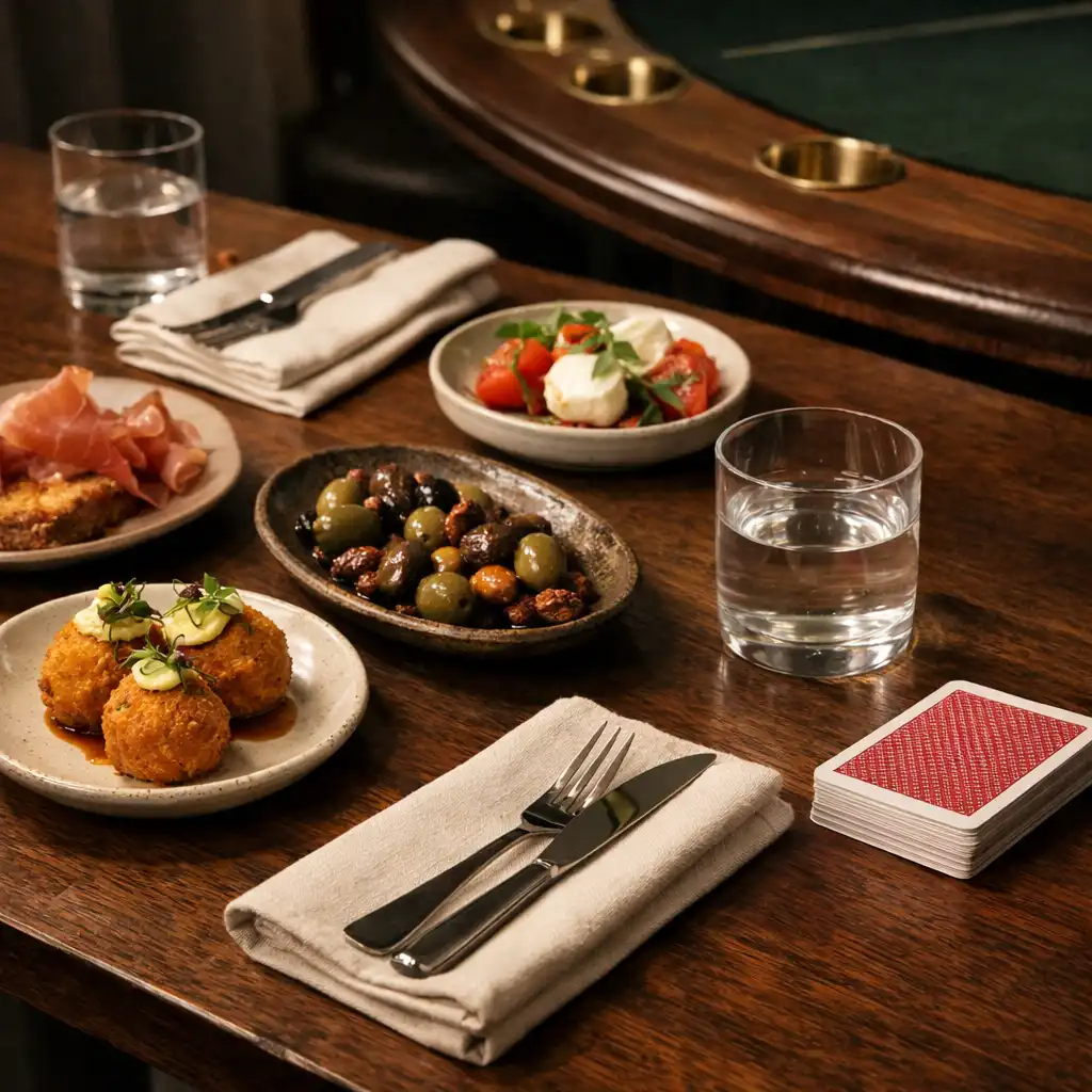 Shared dishes, water glasses and a deck of cards arranged on a timber restaurant table.