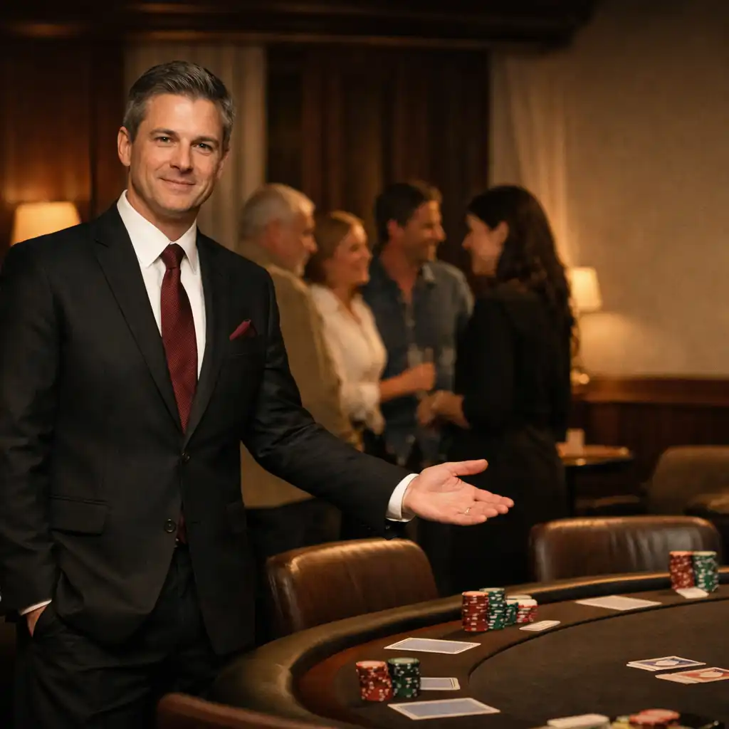 A restaurant host welcoming guests beside a prepared poker table in a card room