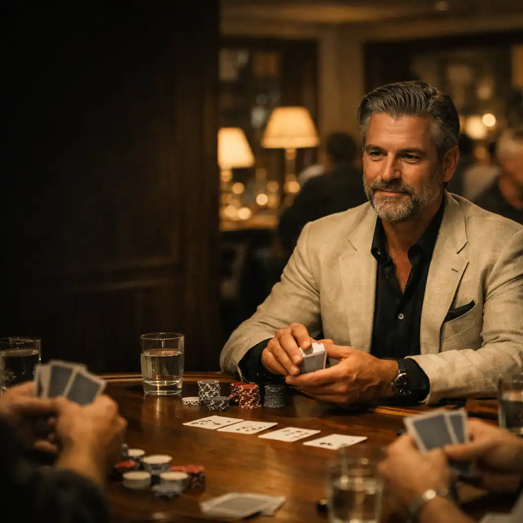 A host seated at a timber poker table with guests, cards and water glasses in Jubilee and Jack's warmly lit restaurant card lounge.