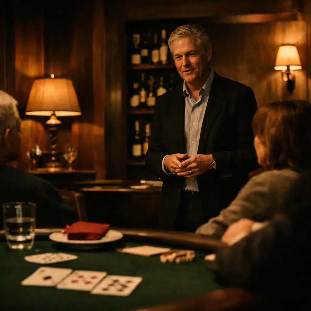 A host speaking with guests around a felt-topped table in a restaurant card room