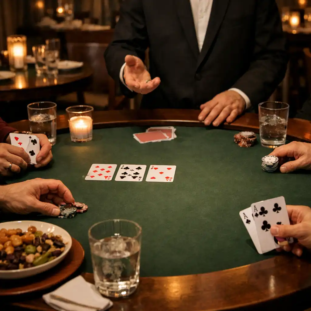 Hands, cards, glasses and a shared plate arranged around a round poker table in the restaurant.