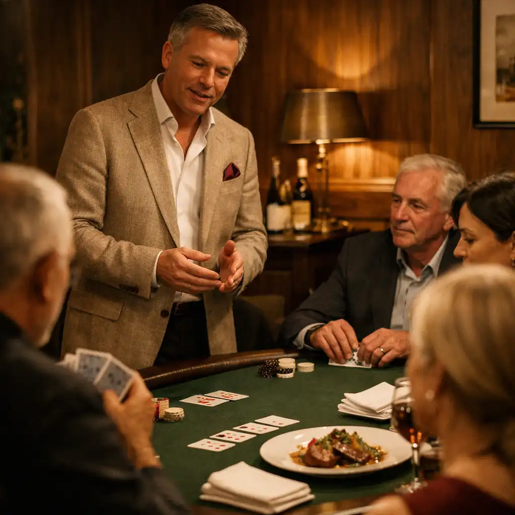 A host beside a rectangular poker table in a warm restaurant card room, with cards, diners and plated food in view.
