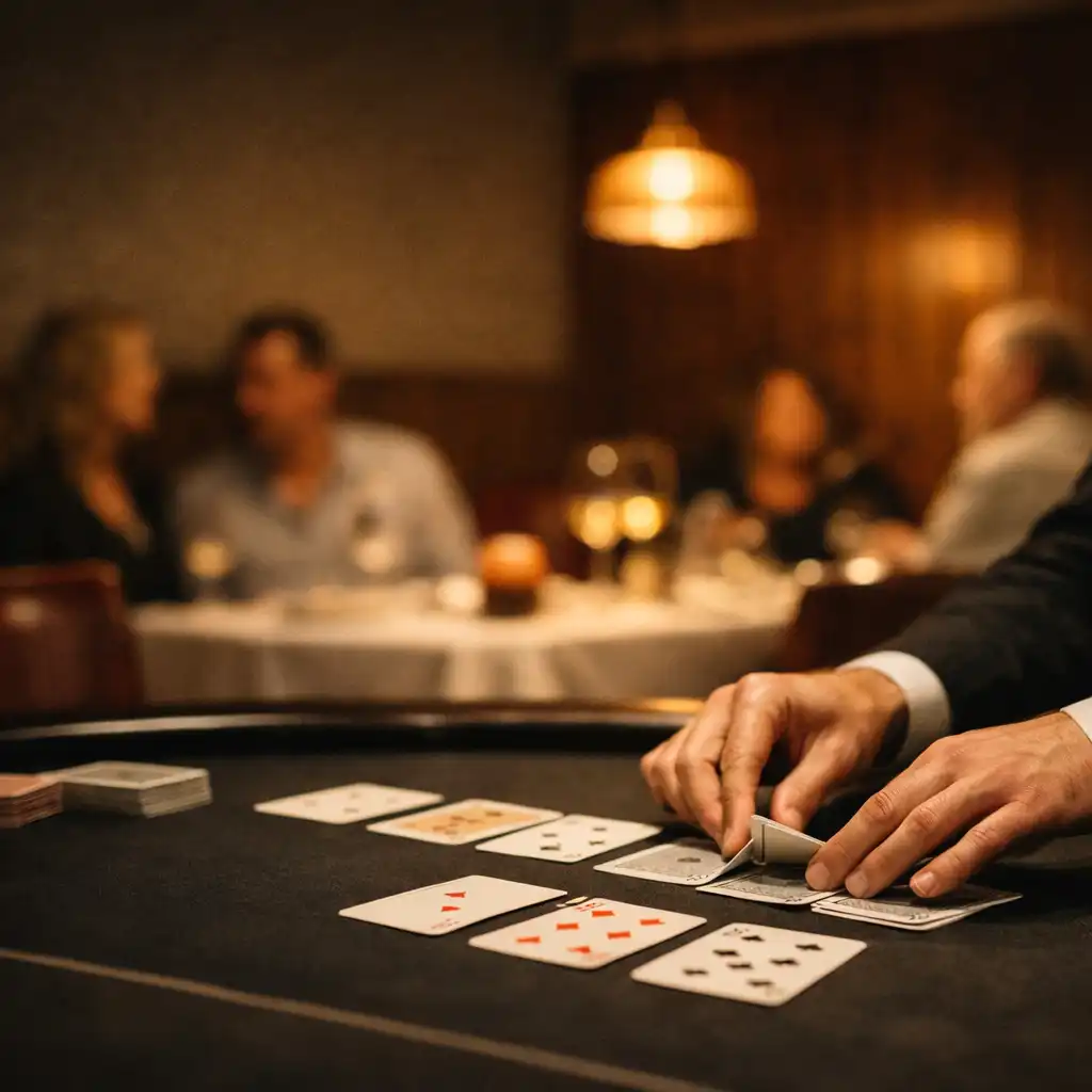 A host's hands arranging physical playing cards on a dark poker table in Jubilee and Jack's warmly lit restaurant card lounge.