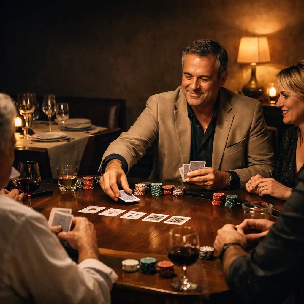 A host deals physical cards at a timber table beside diners in Jubilee and Jack's warm card lounge.