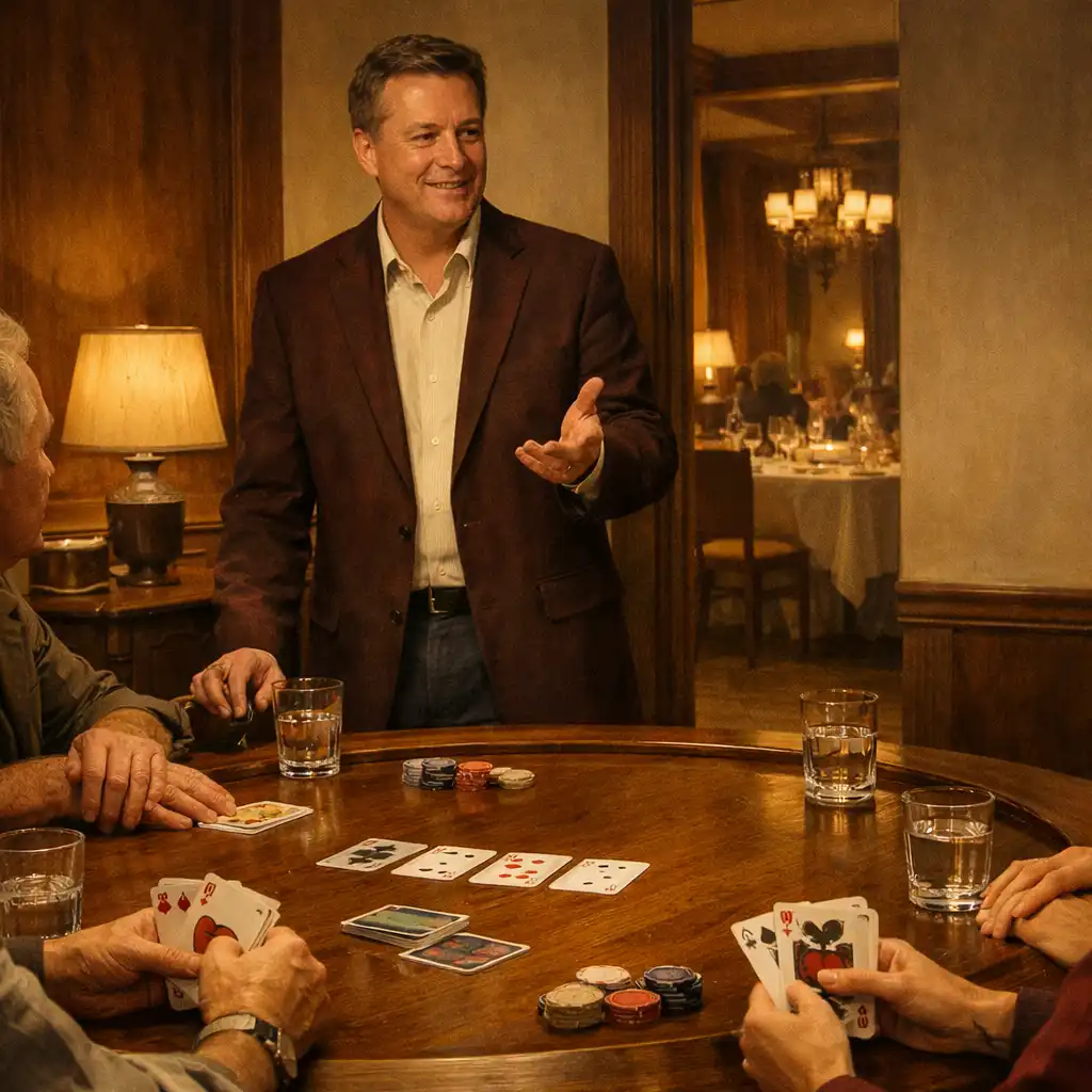 An attentive host guides a private group around a physical poker table in a warm card room.
