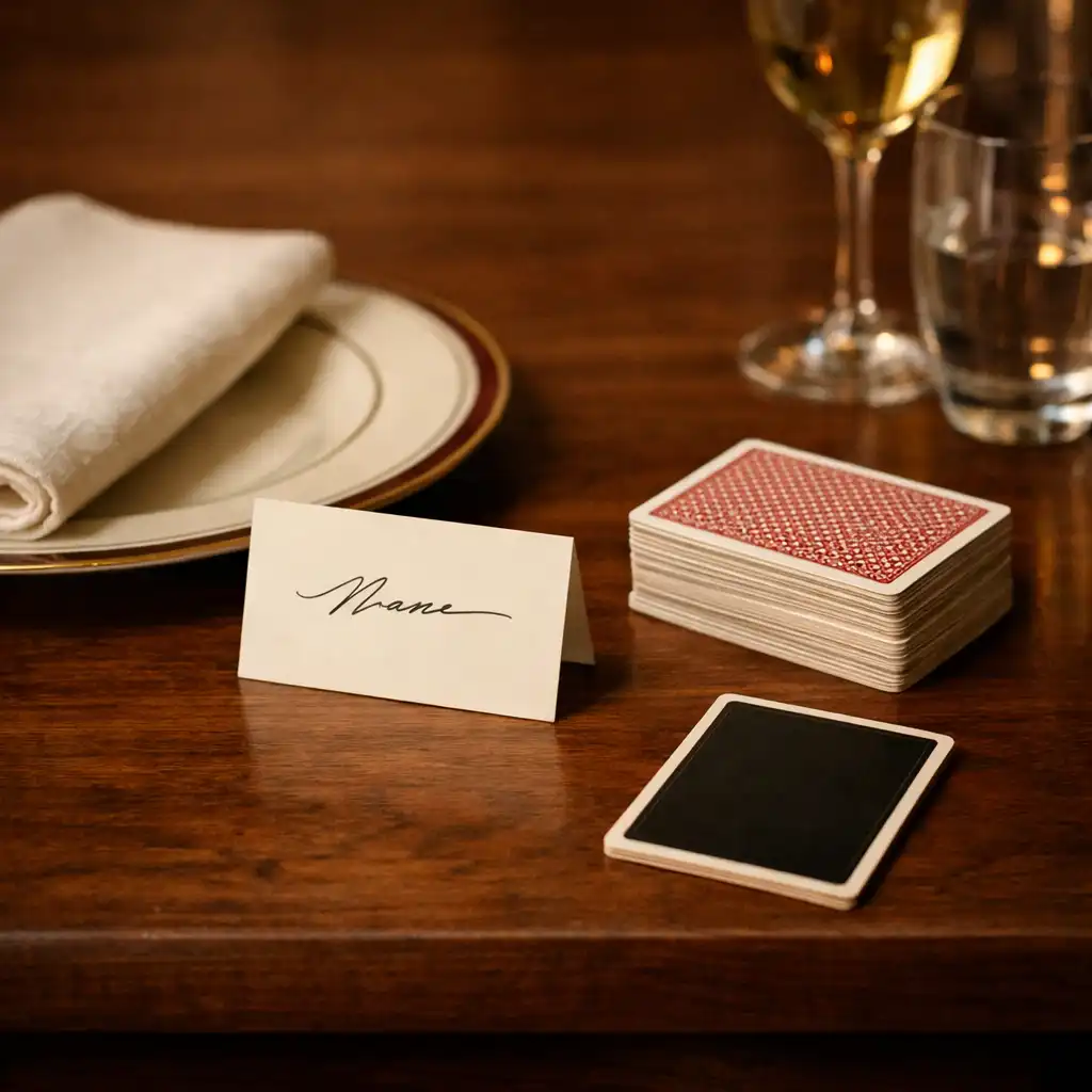 A linen place setting, face-down card and warm reflected light on a polished timber dining table.