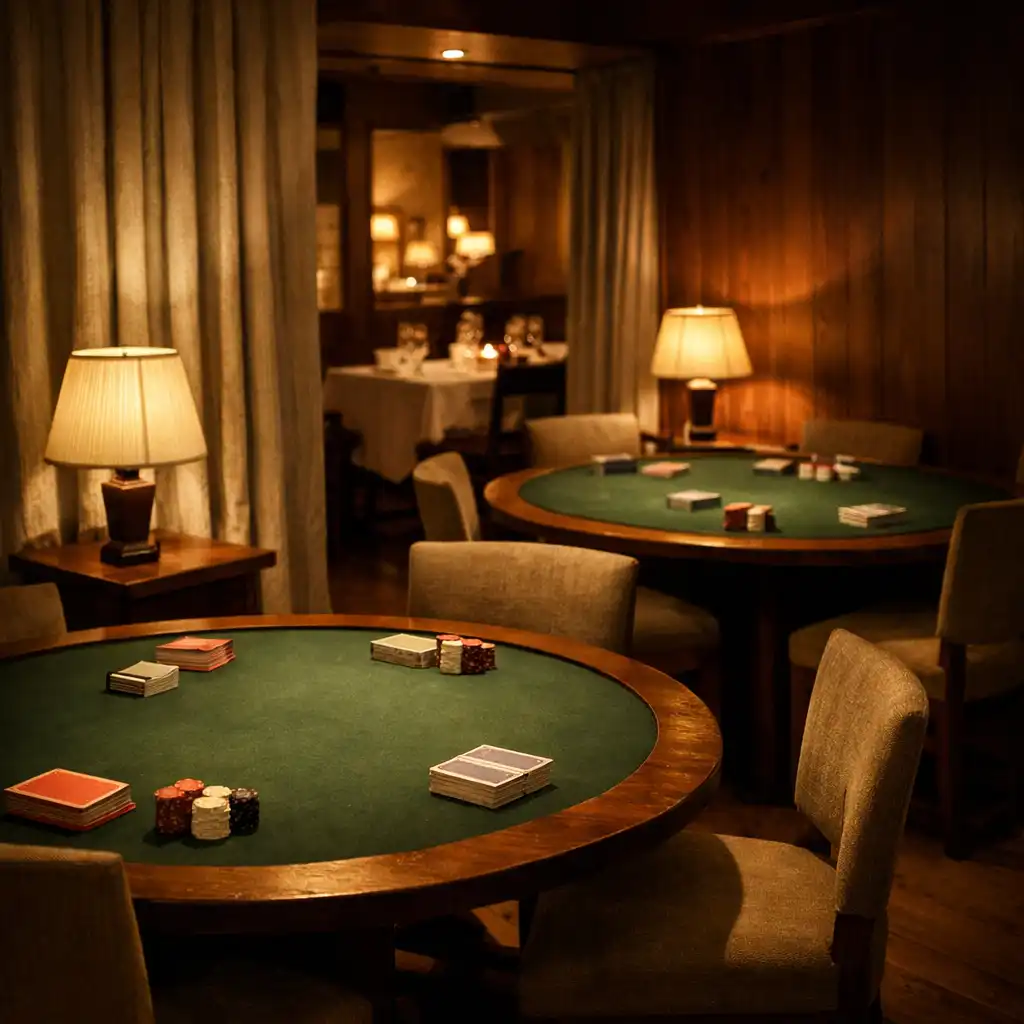 An empty restaurant card room with prepared poker tables, chairs and low lamps