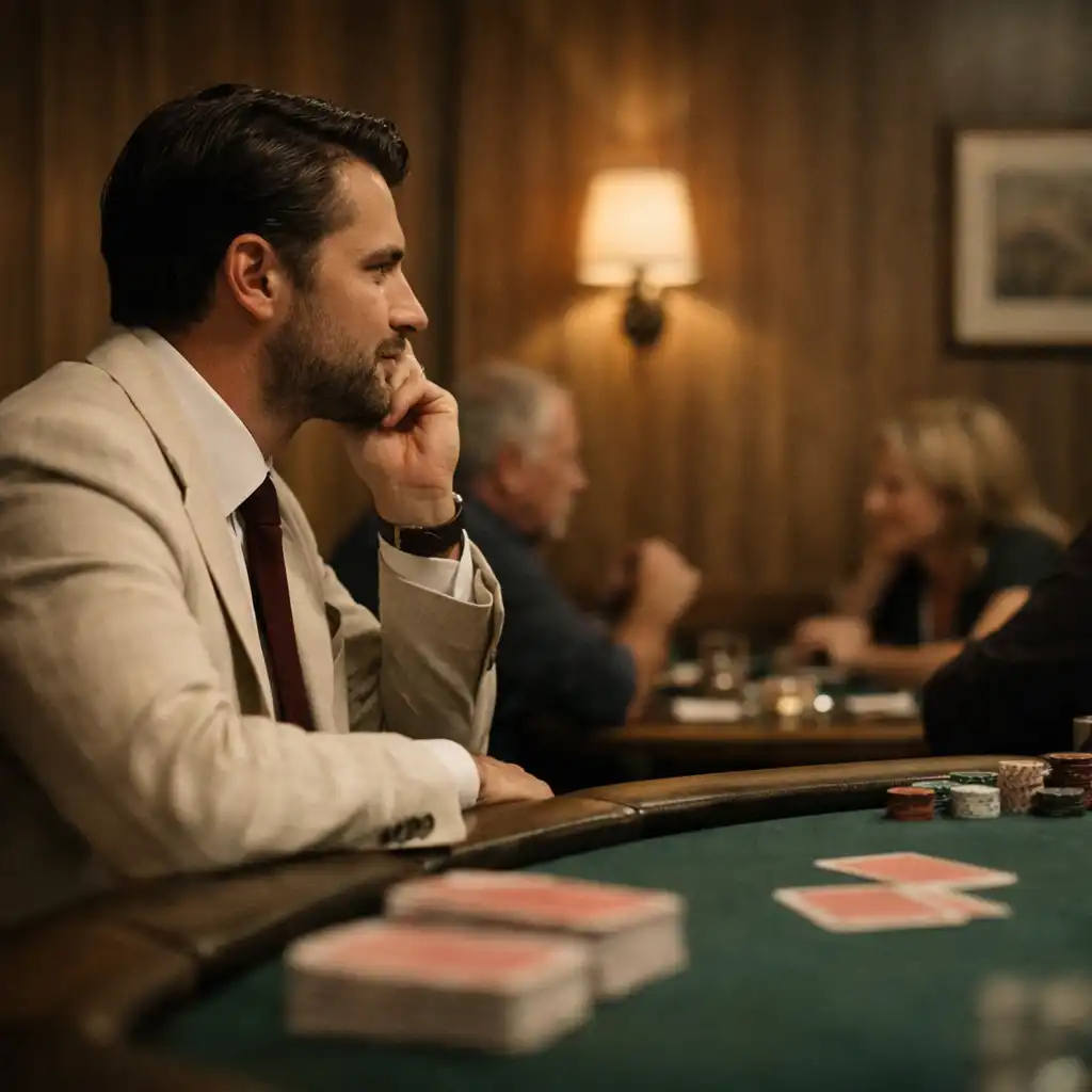 A thoughtful host listening beside cards at a physical poker table in a softly lit restaurant card room.