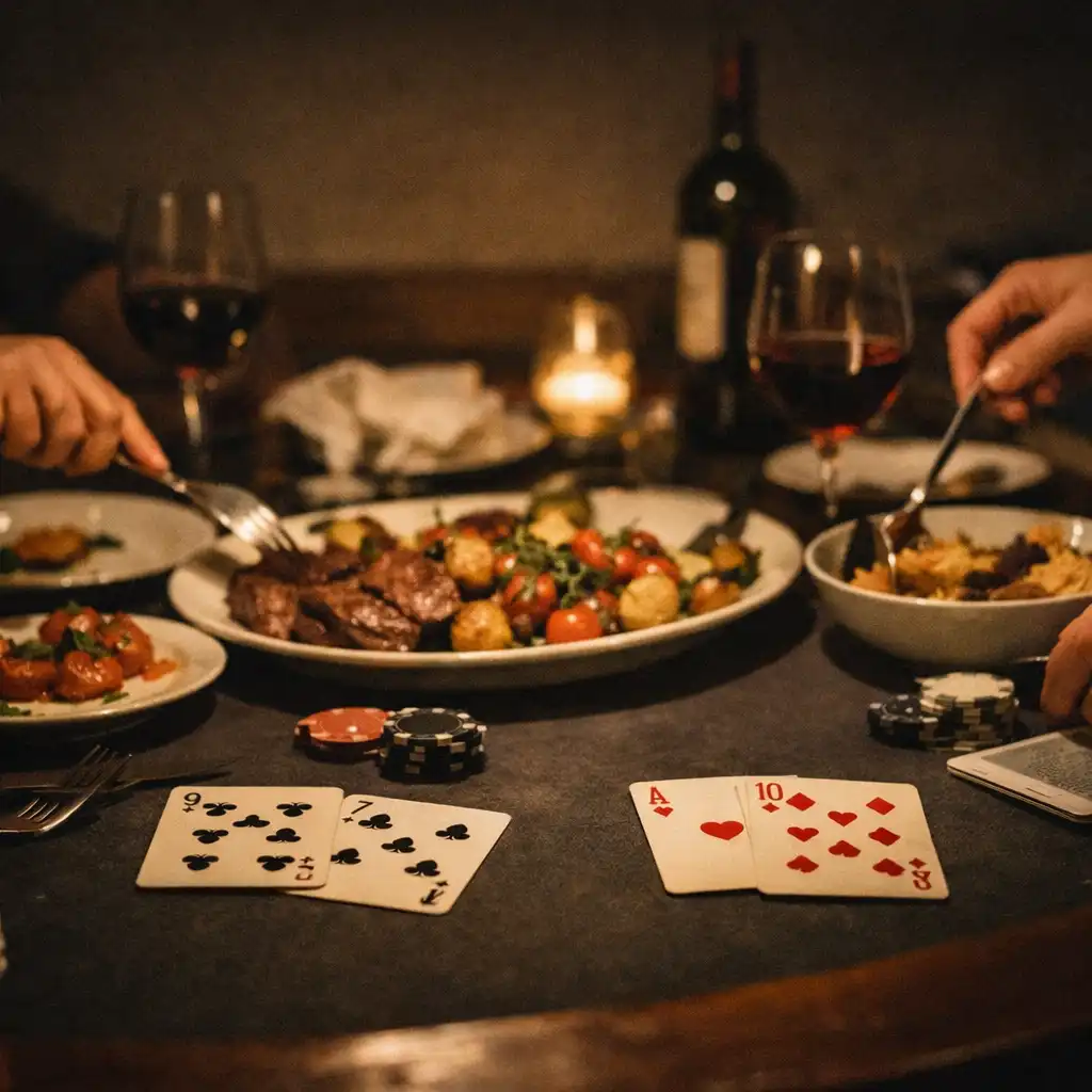 Shared supper, tableware, cards and guests’ hands on a restaurant poker table