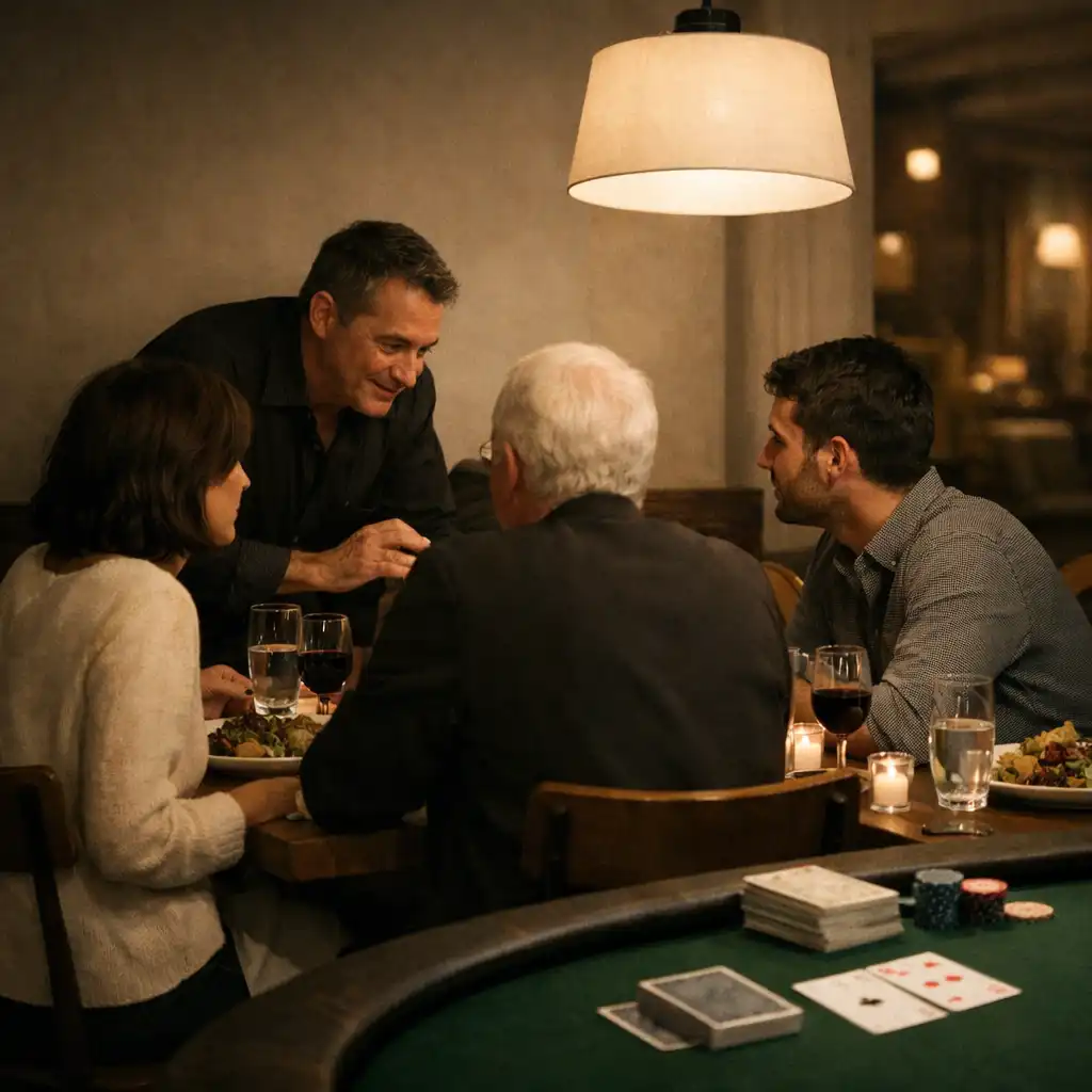Guests and a host in quiet conversation around a shared supper table beside resting cards in a warmly lit restaurant.