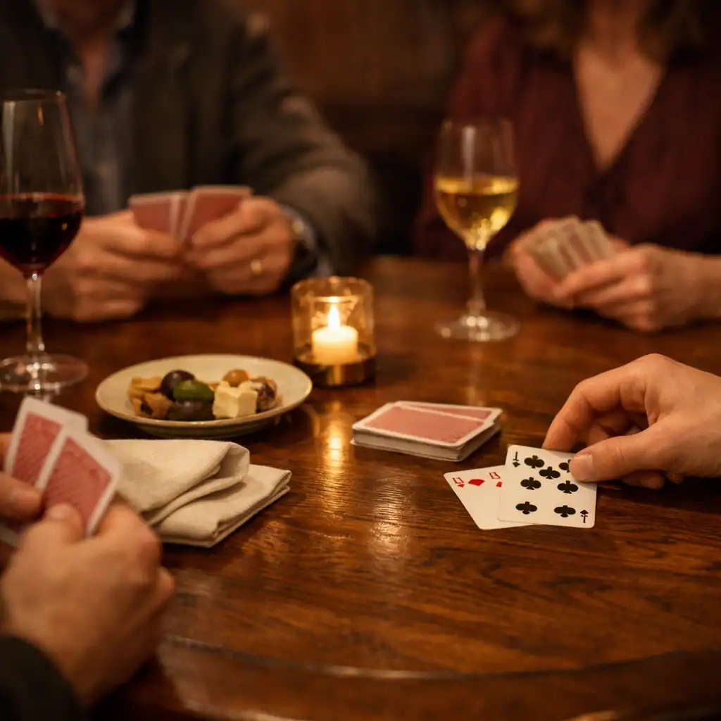 Hands placing cards beside a shared plate and glassware at a timber restaurant poker table