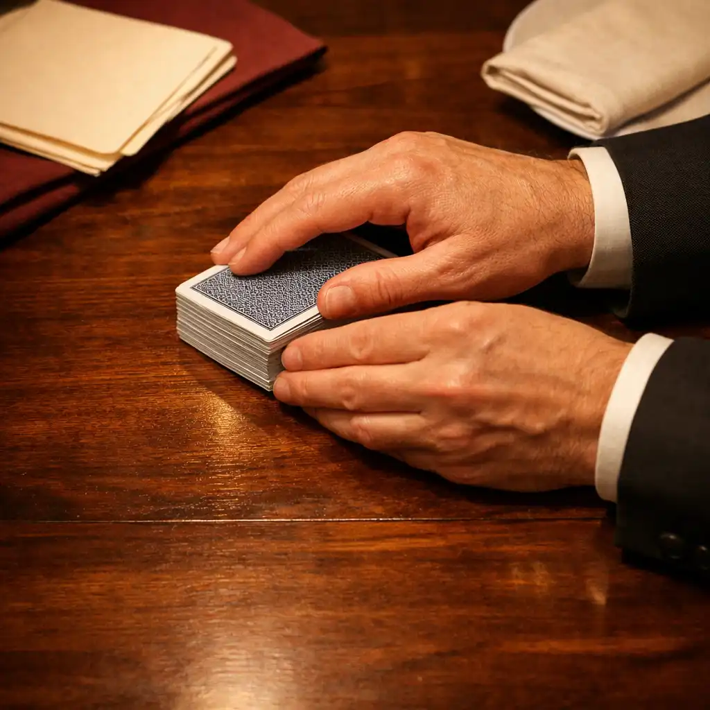 Hands arranging cards on a polished timber poker table beside a folded menu, linen napkin and small plate.